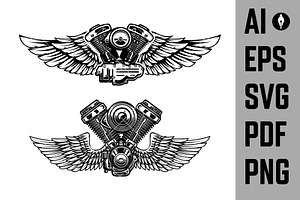 Set Of Winged Motorcycle Engine SVG