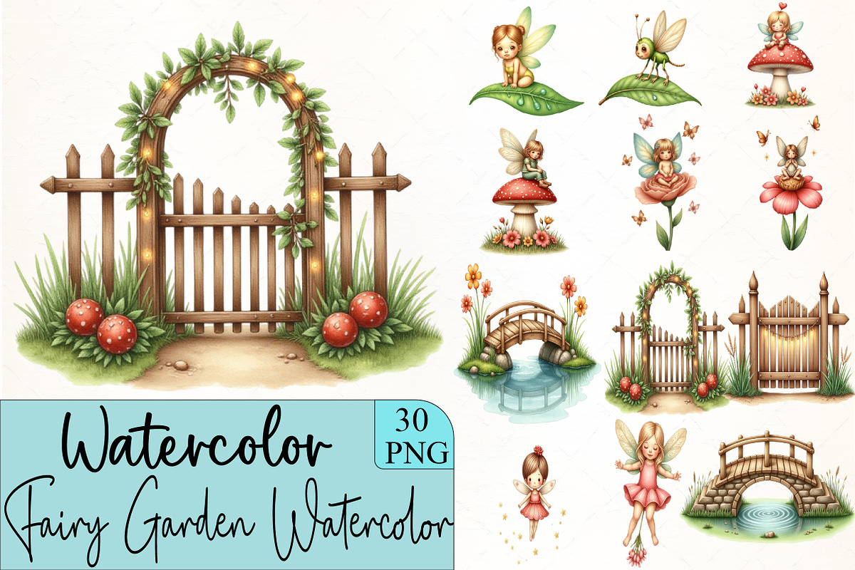 Fairy Garden Watercolor Clipart, an Illustration by CrexoraLab (Photo 1 of 5)