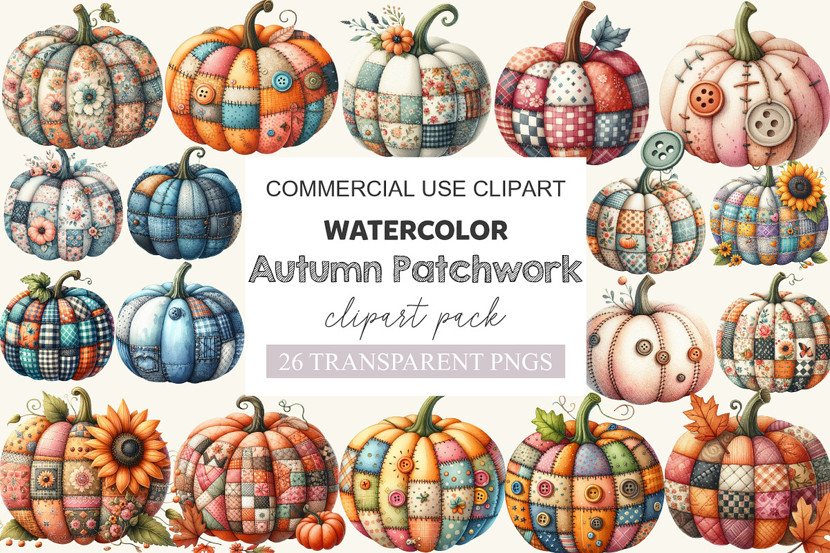 Autumn Patchwork Pumpkin Clipart, a Work Illustration by cherrydesign (Photo 1 of 3)