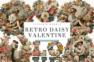 Retro Daisy Valentine Clipart Bundle, a Seasonal Illustration by BusyDaydesign