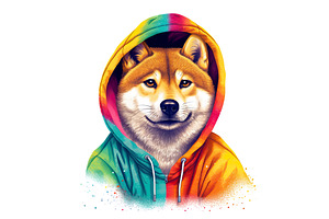 Cute Shiba Inu Dog In Rainbow Hoodie