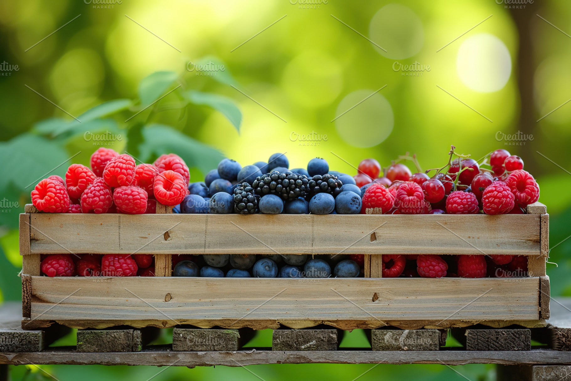 Fresh ripe berries in wooden crate on blurred green background, a Food & Drink Photo by AlyaAnd