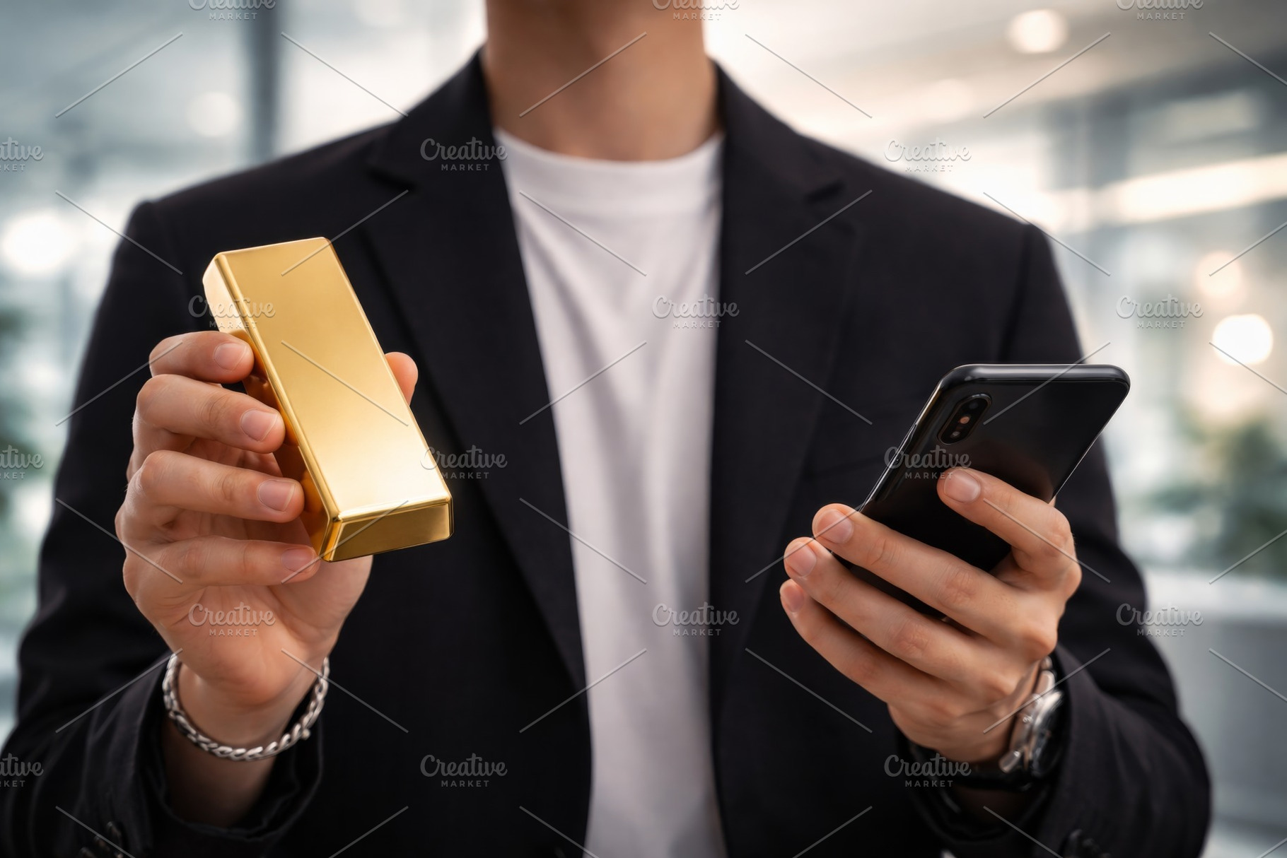 Man holding gold bar and smartphone,, a Photo by Dvoevnore photos