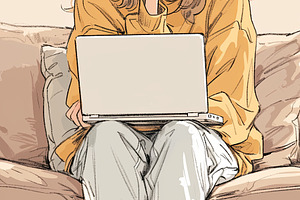 Young woman sitting on couch holding a laptop and looking pensive, a Photo by AS photostudio