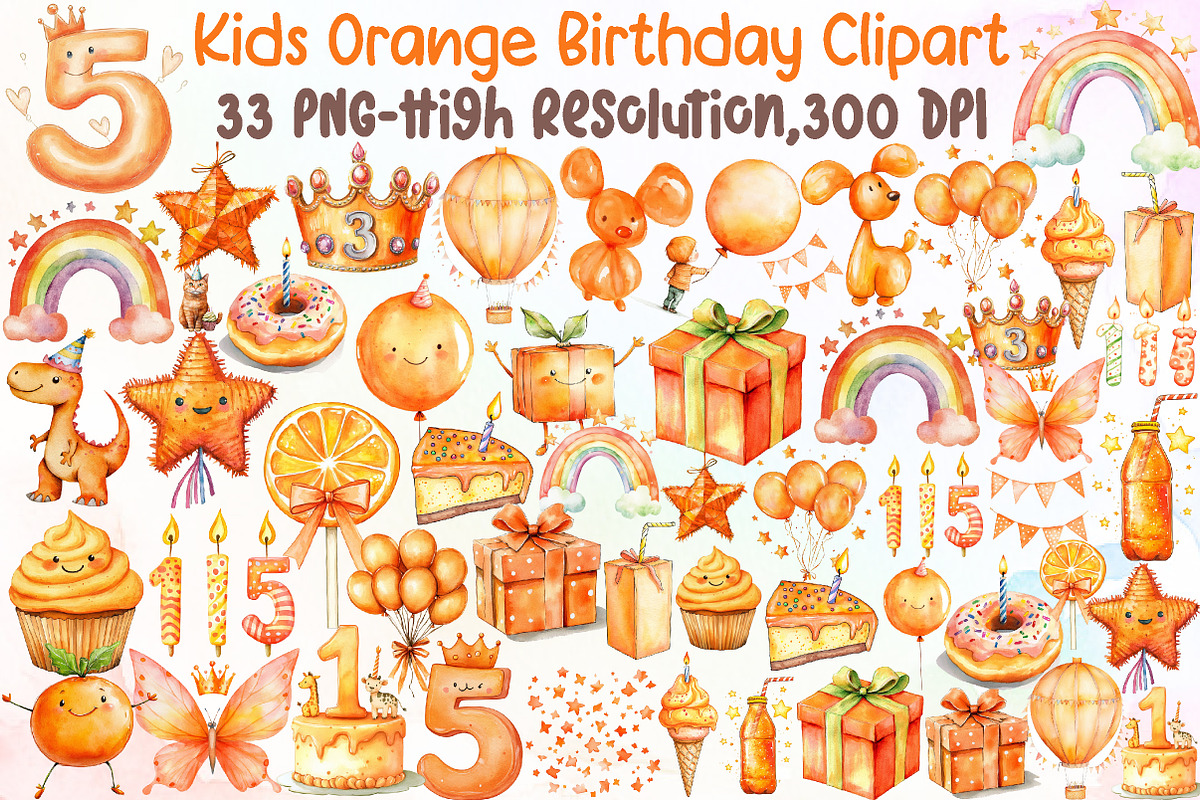 Kids Orange Birthday Watercolor Clip, an Illustration by Sublimation Artist (Photo 1 of 6)