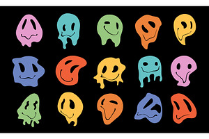 Groovy emoji set, psychedelic faces, an Illustration by Flashvector