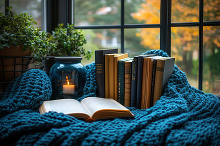 Cozy reading nook with books and can, a Photo by Tanuart