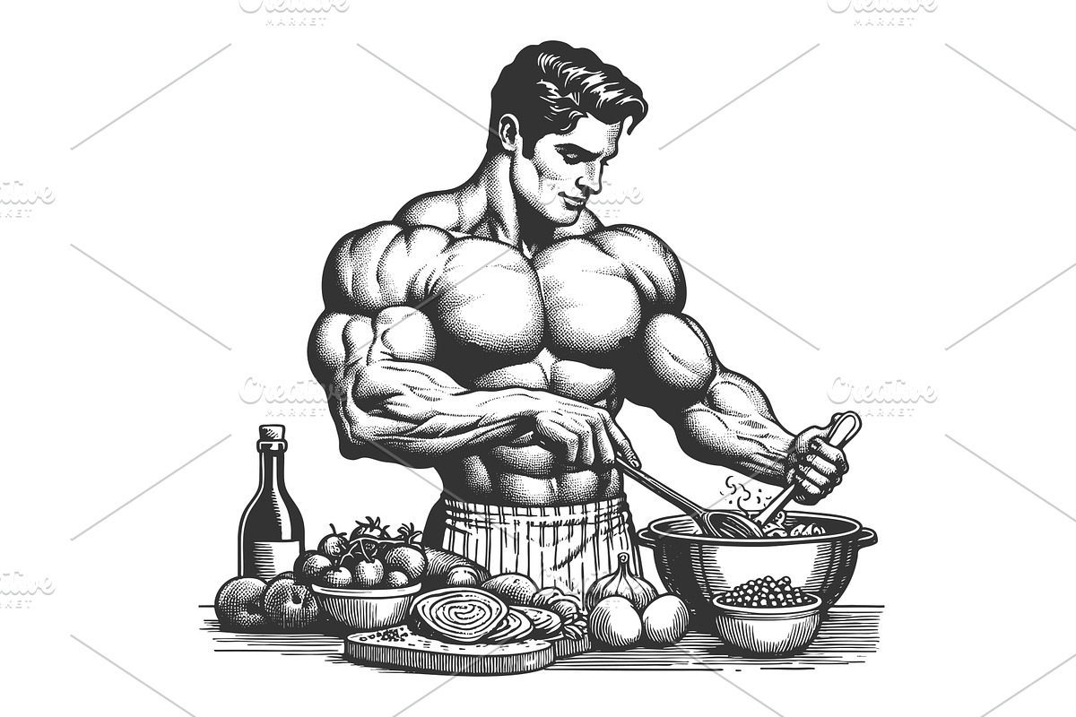 Muscular Man Cooking Healthy Food, a Food Illustration by AlexArt