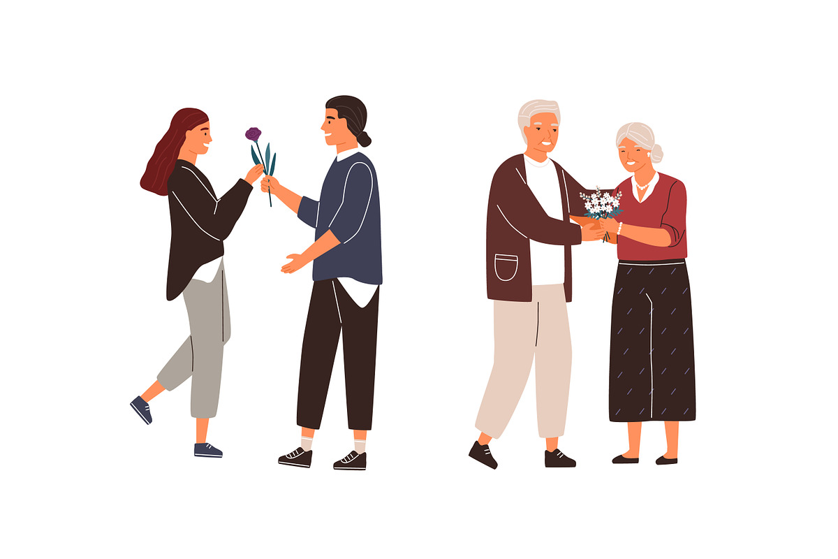 Man giving flowers to woman set, a Person Illustration by Good Studio (Photo 2 of 6)