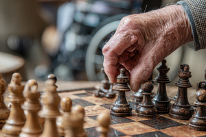 Elderly man playing chess in a retir, a Photo by Pixeness Studio