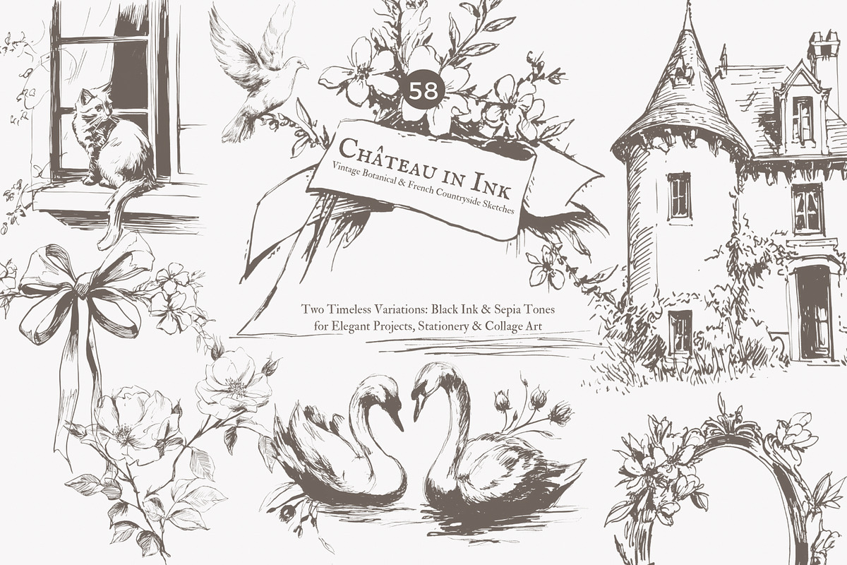 vintage clipart french chateau set, a Decorative Illustration by Patishop Art (Photo 1 of 10)