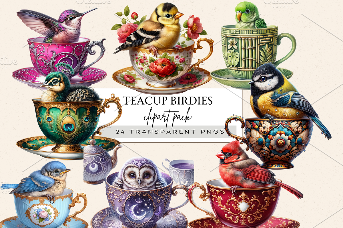 BIRDS IN TEACUP CLIPART PACK, an Animal Illustration by Daring Digies (Photo 1 of 7)
