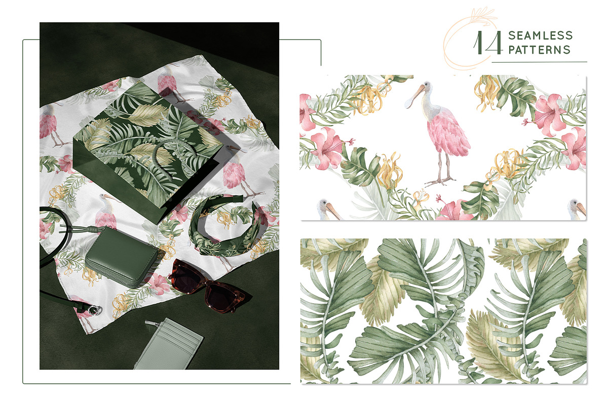Tropical leaves and birds watercolor, an Illustration by Kate Lanbina (Photo 14 of 19)