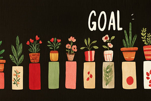 Hand painted illustrated monthly goal chart with potted plants on blocks repres, a Photo by AS photostudio