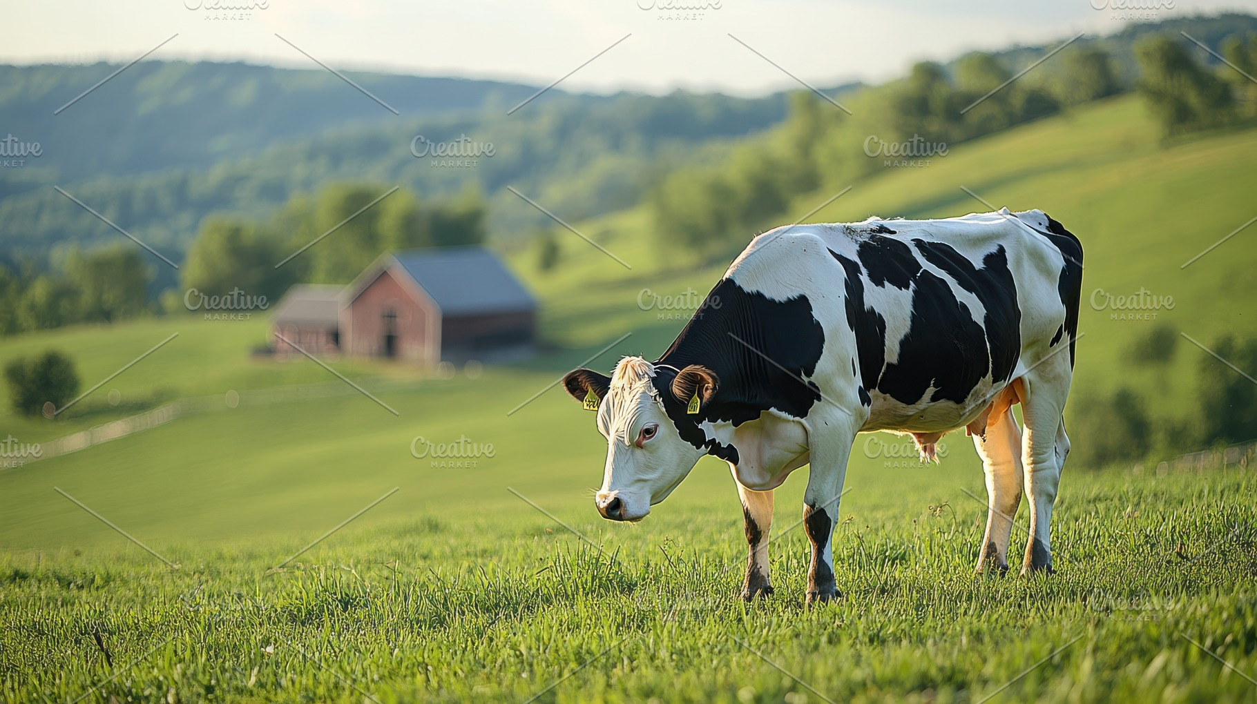 Black and white cow grazes in a lush, an Animal Photo by Pixeness Studio