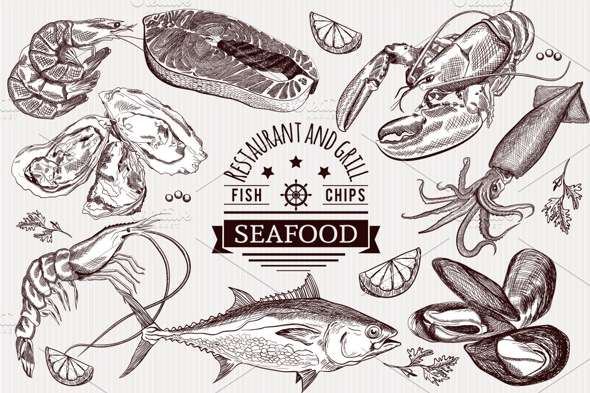 Seafood hand-drawn set, a Food Illustration by Irisimka