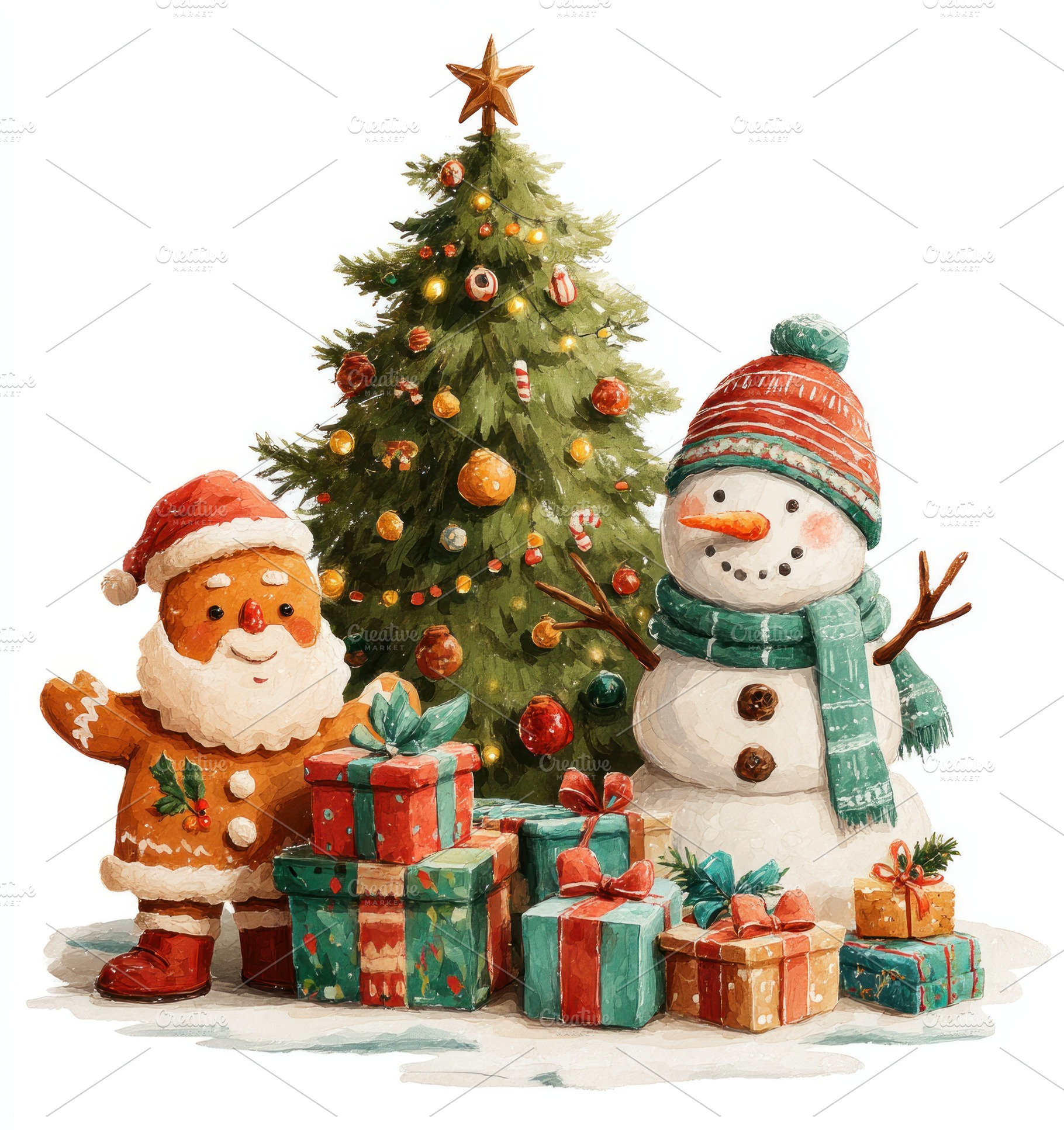 Gingerbread Santa and snowman with Christmas tree and colorful w, a Person Photo by José Manuel Gelpi