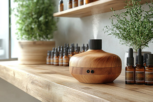 Wooden diffuser releasing essential, a Photo by Tanuart