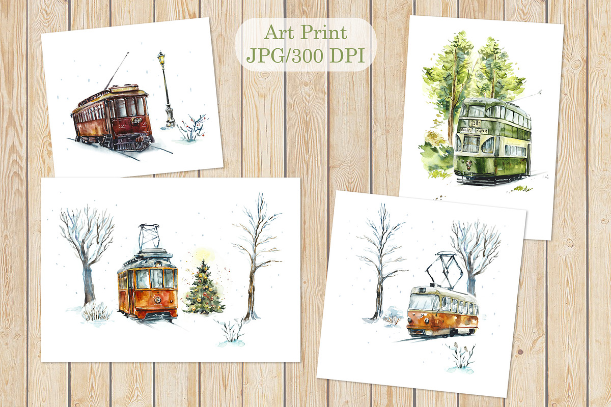 Watercolor Tramcars, a Transportation Illustration by Budogoshch (Photo 4 of 9)