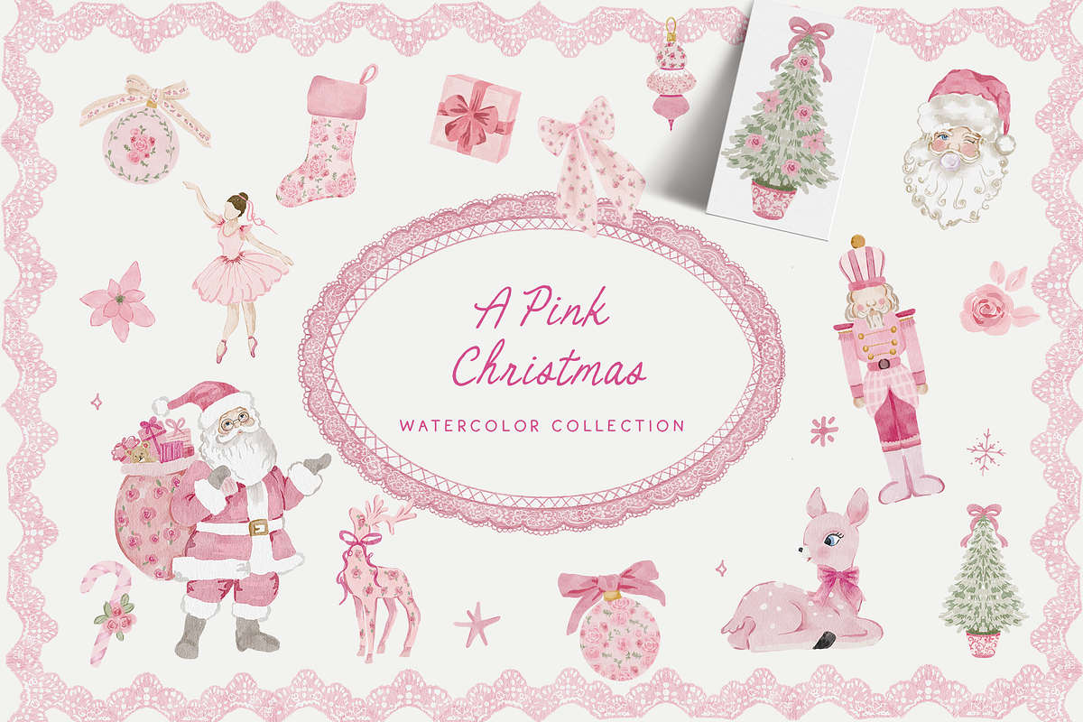 Watercolor pink christmas whimsy set, an Object Graphic by Grace Noboa Illustrations (Photo 1 of 12)