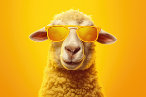 A Funny Sheep Head With Sunglasses On A Sunny Yellow Background, Ideal For Summ