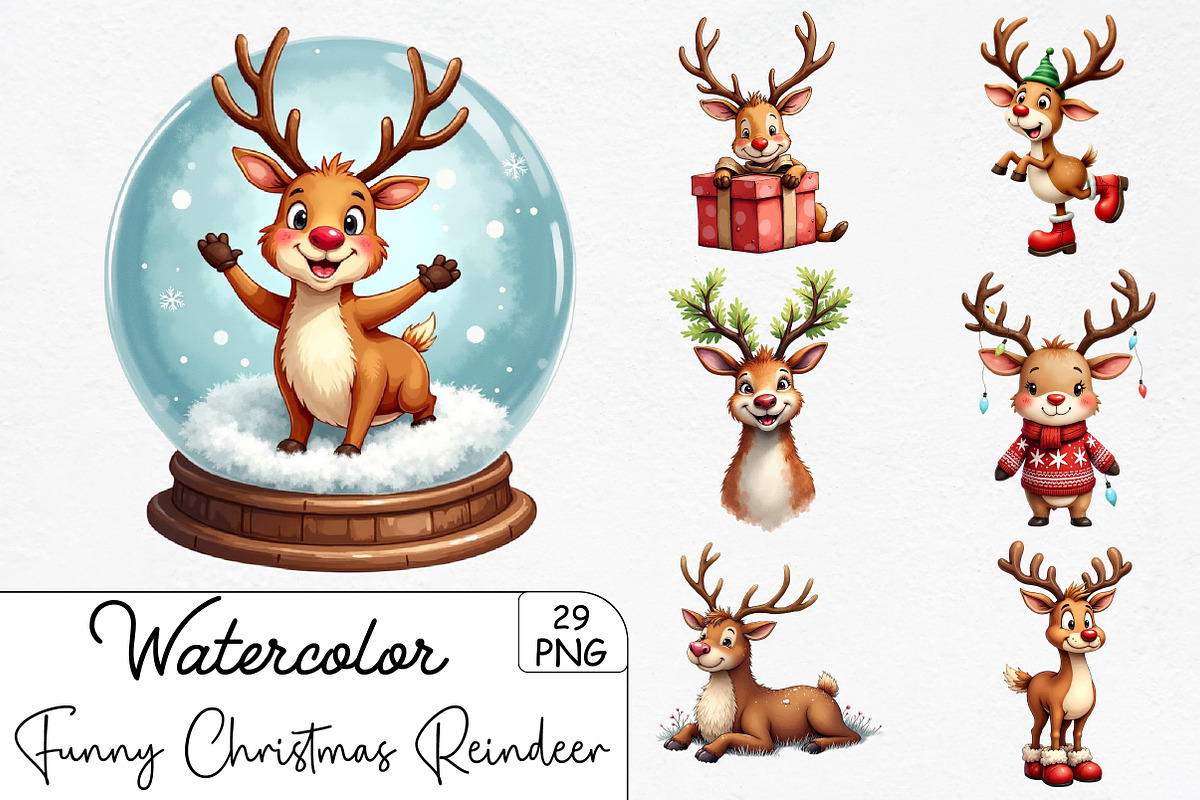 Funny Christmas Reindeer Clipart, an Illustration by CrexoraLab (Photo 1 of 5)