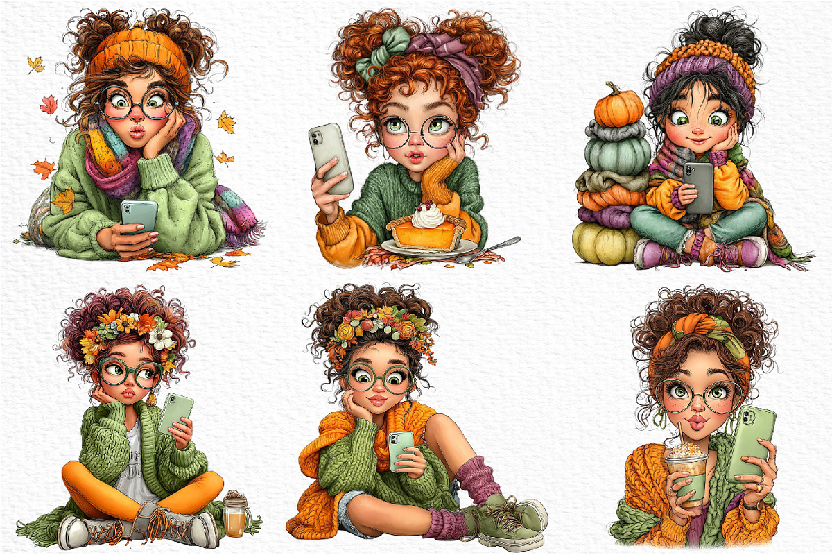 Cozy Autumn Selfie Girls Clipart, a Seasonal Illustration by Craft Nest (Photo 3 of 12)