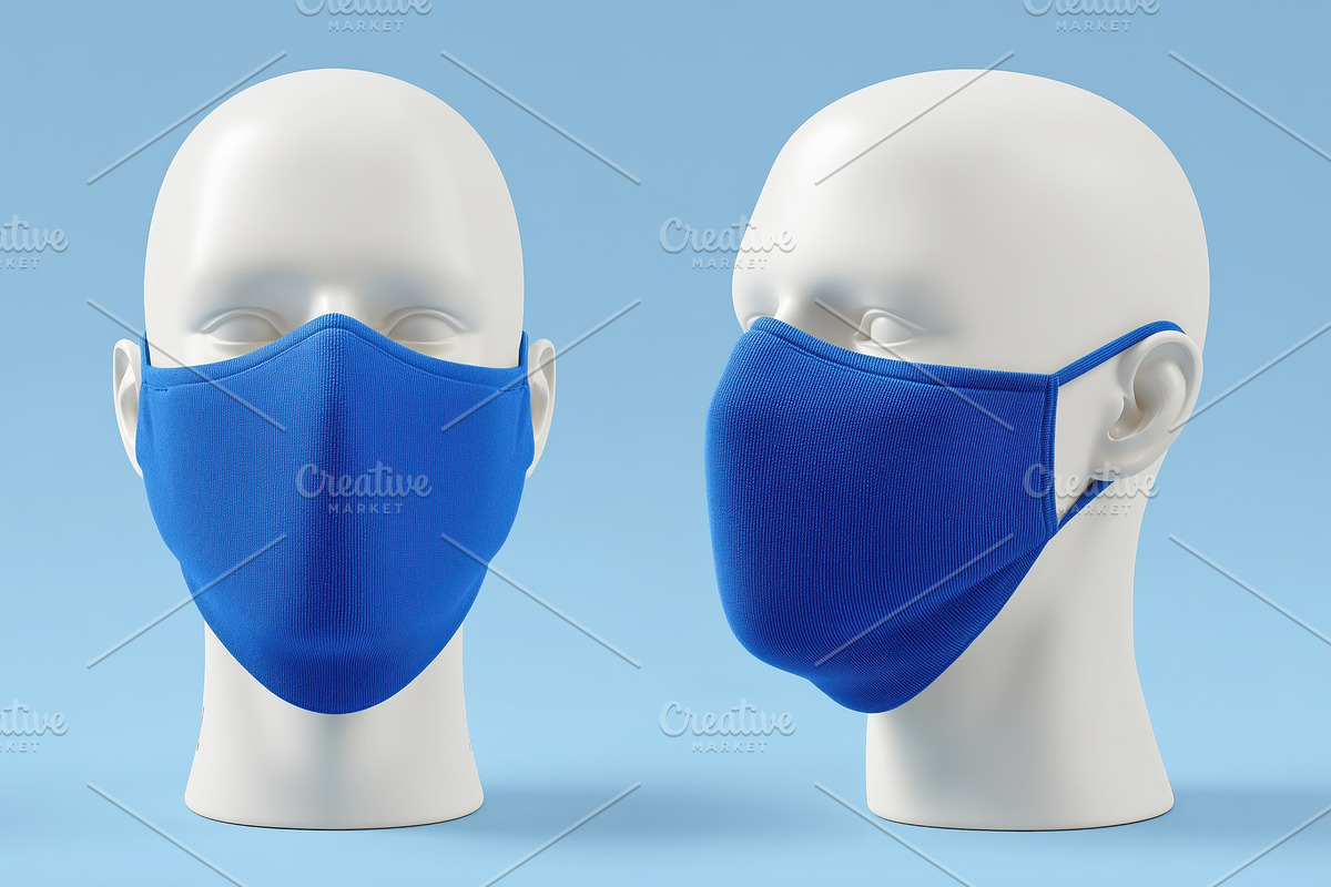 Two blue fabric masks mockup on white mannequin heads against a light blue back, a Mask Mockup by Textures & Backgrounds