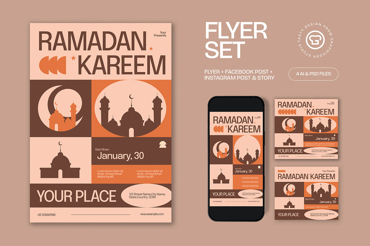Cream Ramadan Kareem Flyer Set, a Flyer Template by graphicook (Photo 1 of 6)