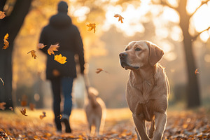 Dog stroll in a park with golden lea, an Animal Photo by Pixeness Studio