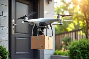 Drone hovers above a suburban door holding a small branded packa, a Technology Illustration by DanFLCreativo
