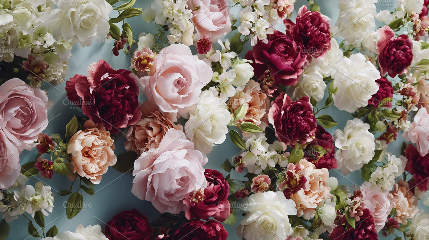 Floral pattern featuring blooming roses and peonies on light blu, a Photo by Studio ANNA