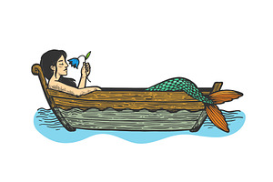 Mermaid In Boat Sketch Vector