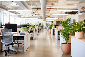 Minimalist open office space with natural light and plants promoting productivi, a Photo by AlyaAnd