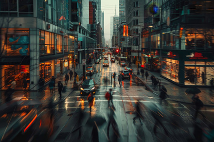 Rain-soaked streets in a bustling ci, a Photo by Tanuart