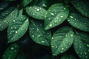 Dark green leaves glistening with ra, a Photo by Pavel_design