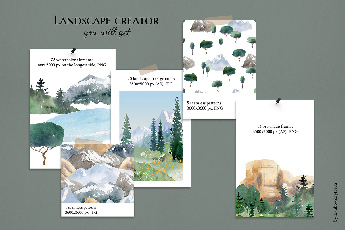 watercolor landscape creator clipart, a Decorative Illustration by LyubovZaytseva (Photo 2 of 27)