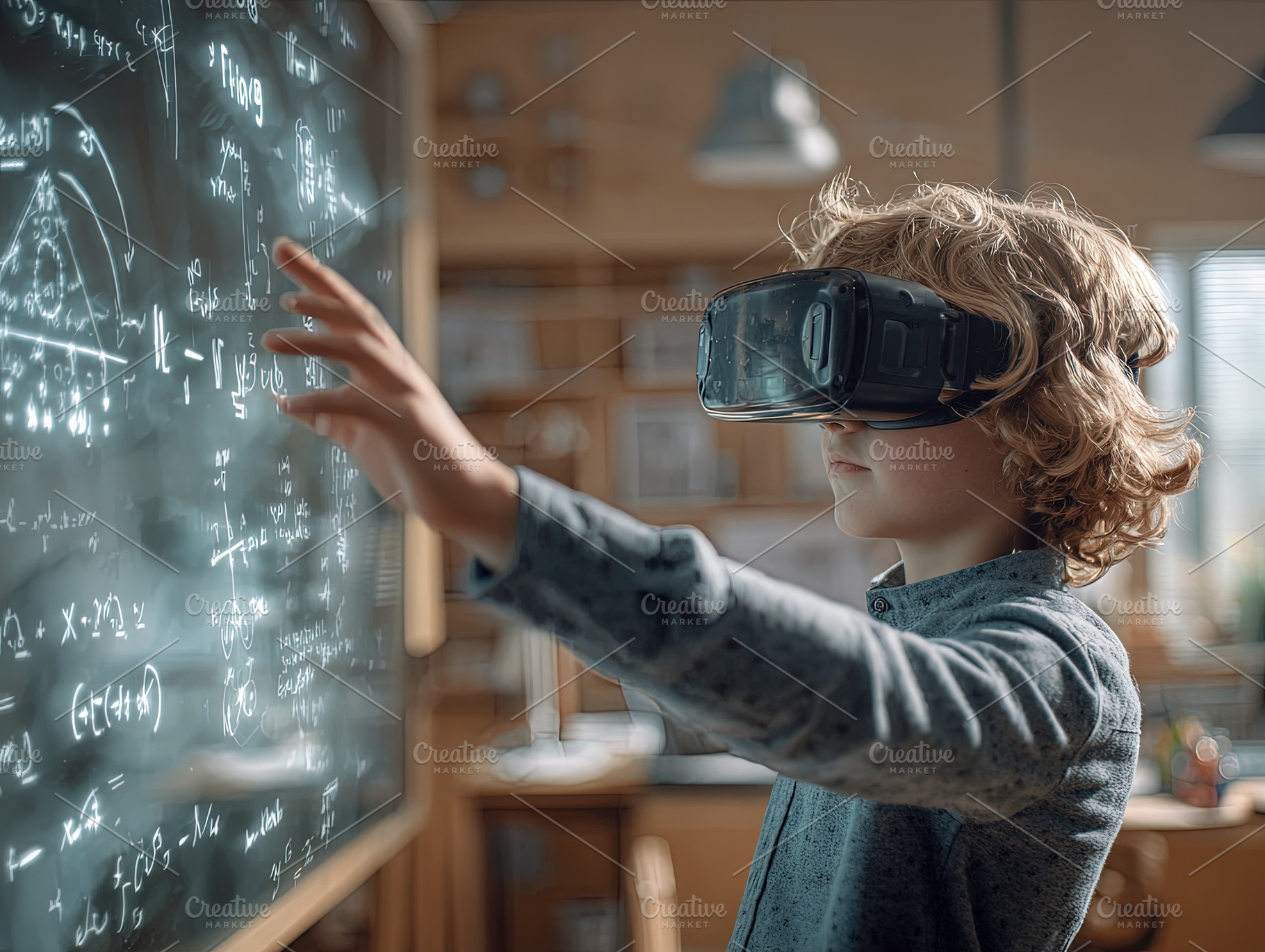Young student wearing VR headset interacts with digital math for, a Technology Photo by Ales Munt
