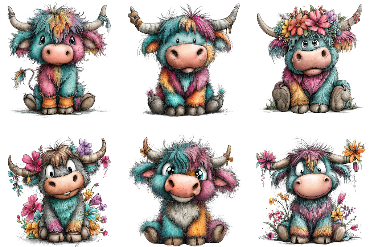 Colorful Highland Cow Clipart, an Illustration by CraftArtStudio (Photo 6 of 6)