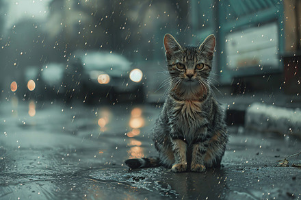 Wet homeless cat on a street in the rain, an Animal Photo by AlyaAnd