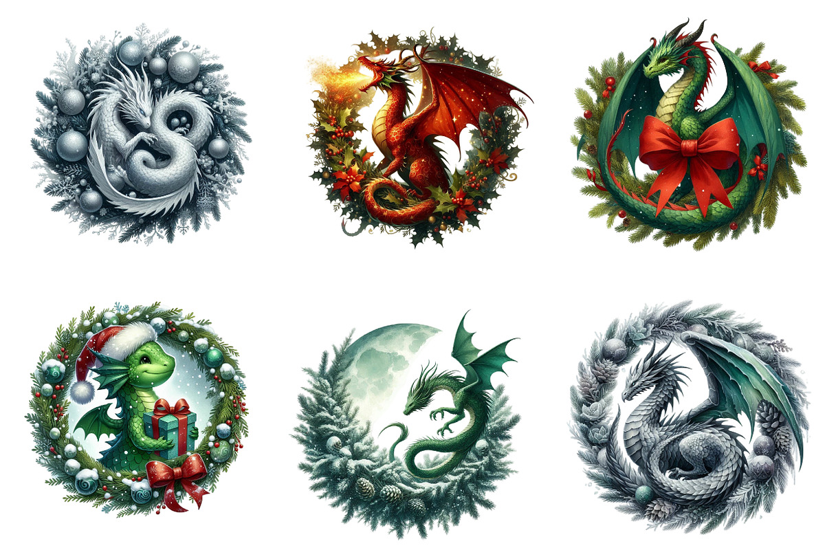 Watercolor Christmas Dragons Clipart, an Illustration by SinaCreation (Photo 5 of 7)