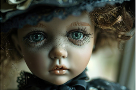 Porcelain doll wearing hat looking, a Beauty & Fashion Photo by Ylivdesign