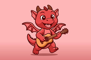 Cute Red Dragon Playing Guitar Carto, an Animal Illustration by Gumrega Studio
