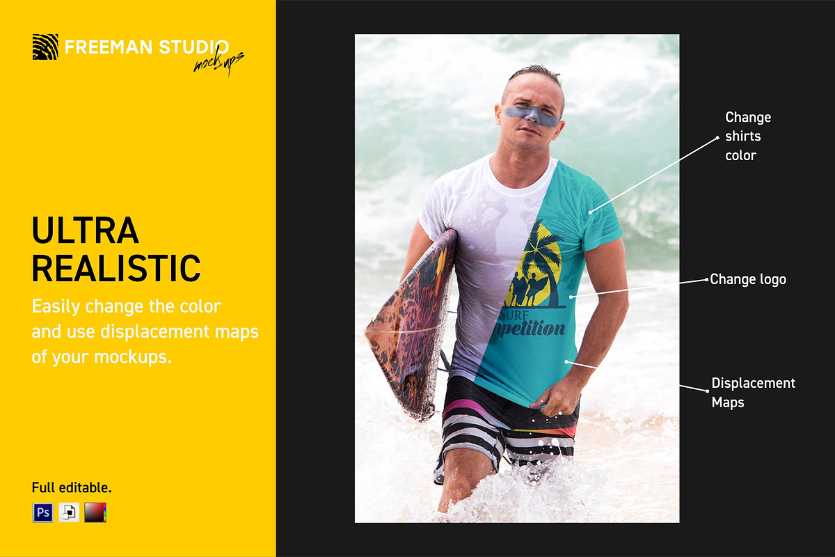 Surfers T-Shirt Mock-Up Set, a Shirt Mockup by Freeman Studio (Photo 2 of 16)
