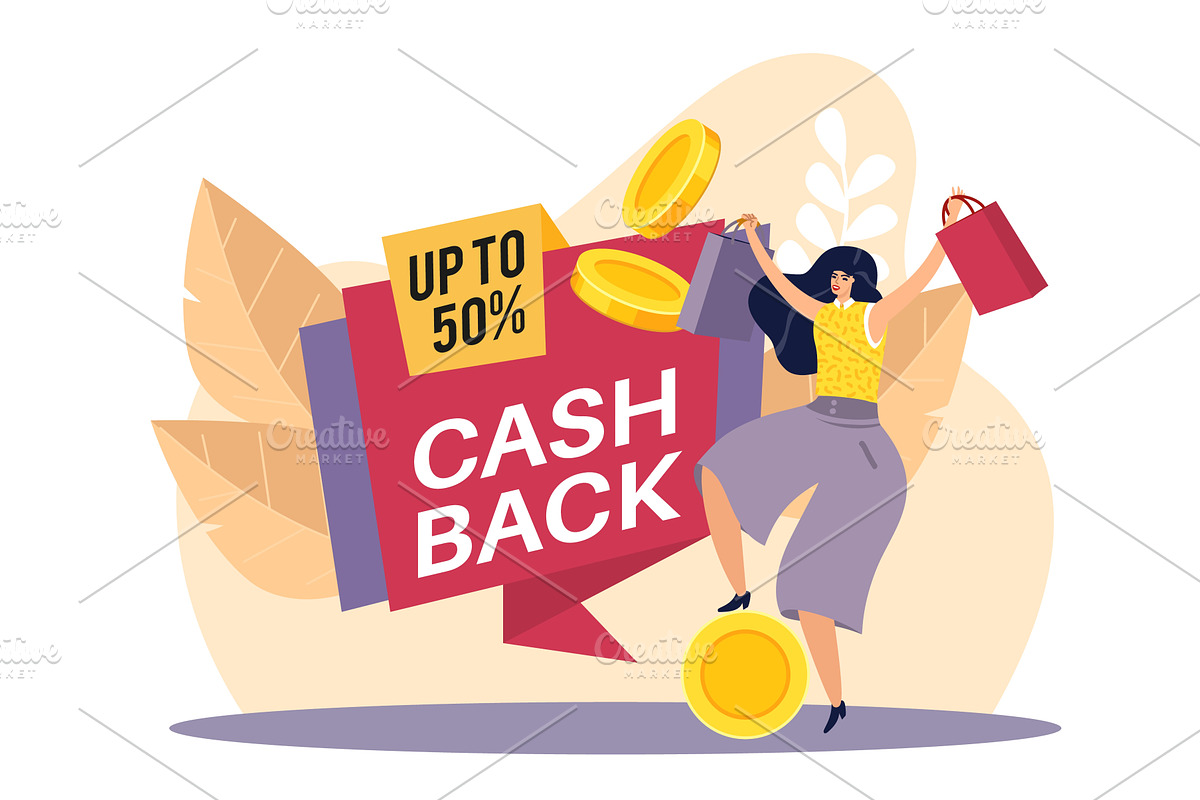 Cash back. Happy woman rejoices at, a Person Illustration by YummyBuum
