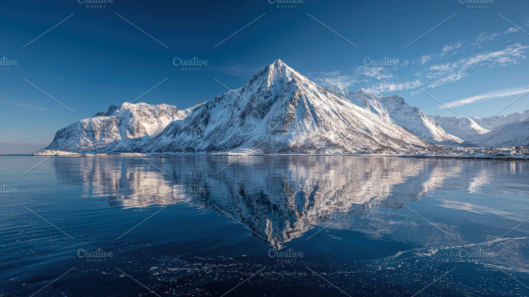 Stunning snow capped mountains refle, a Photo by Pixeness Studio