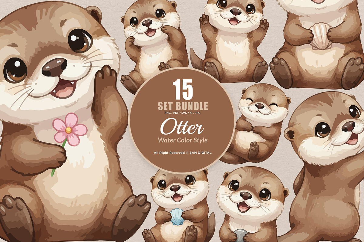15 Bundle Watercolor Otter Cute, an Animal Illustration by Morspective (Photo 1 of 8)
