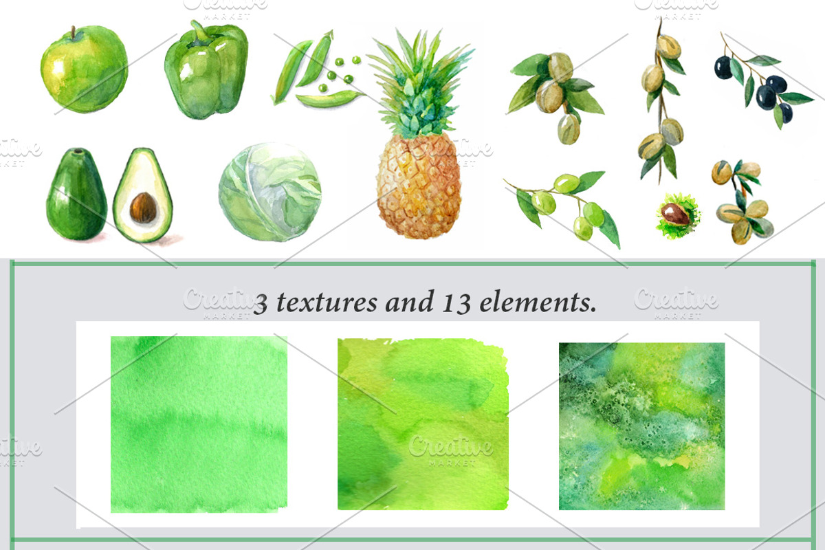 Watercolor green fruits,vegetables., a Food Illustration by yulia.sukhanova (Photo 3 of 3)