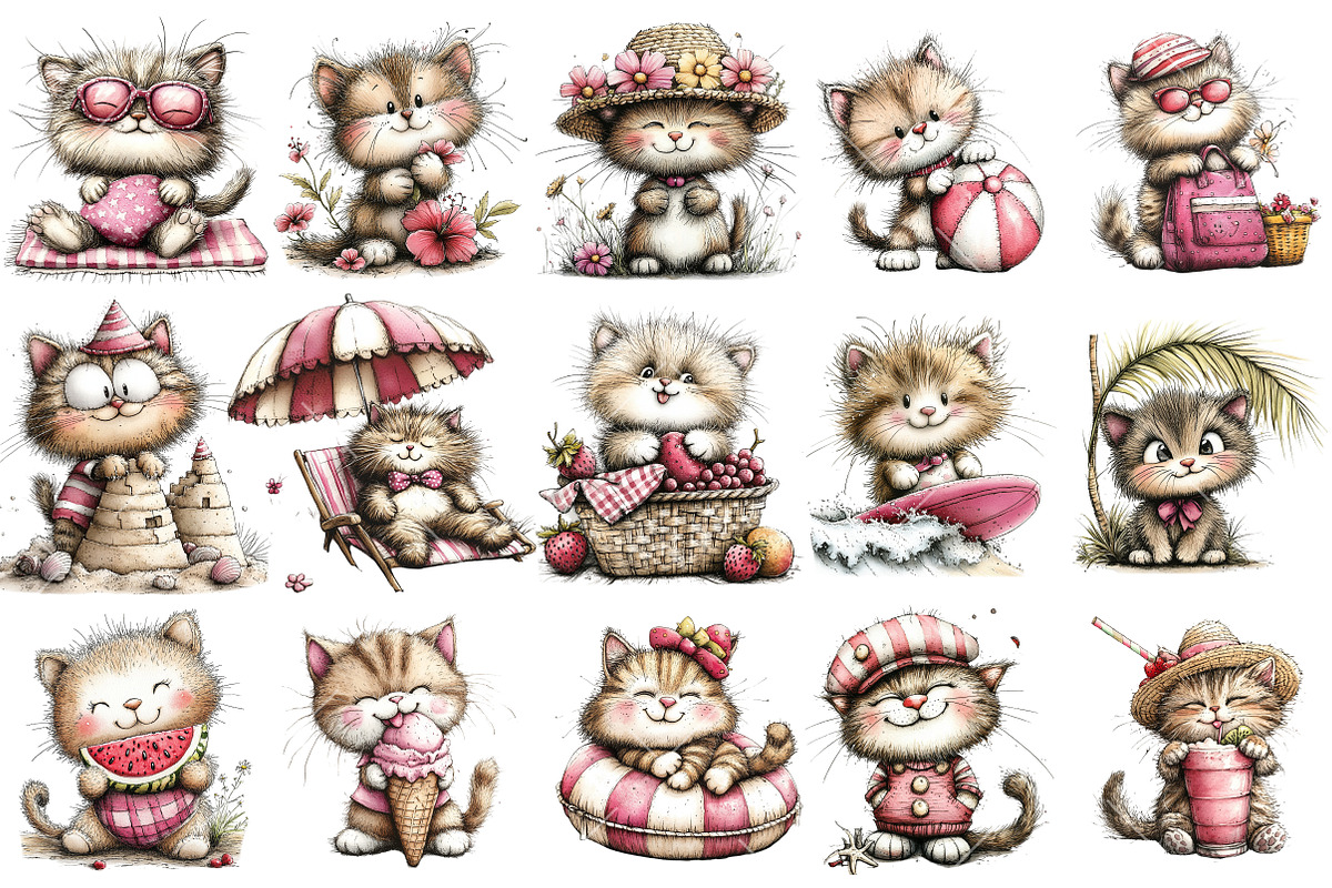 Watercolour Summer Cat Clipart, an Illustration by OK Design (Photo 3 of 6)