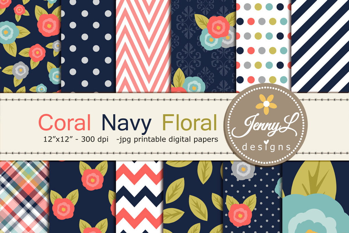 Coral Navy Floral Digital Papers, a Pattern Graphic by JennyL Designs (Photo 1 of 5)
